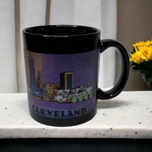 M Ware Cleveland Skyline Black Purple Coffee Mug City View Ohio Souvenir